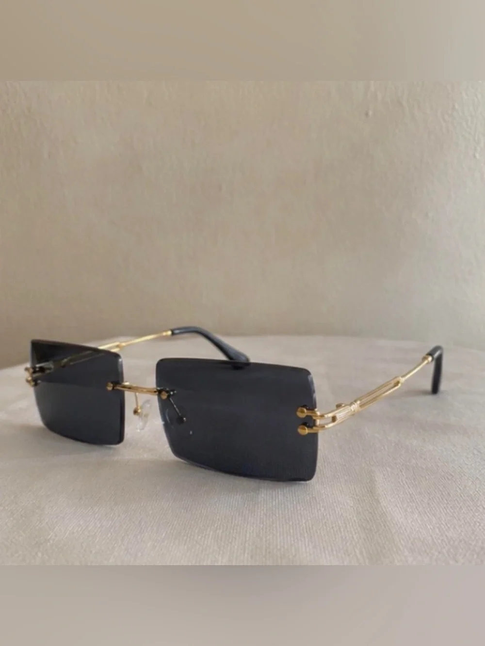 Rimless Rectangle Black Lens Gold Frame Unisex Sunglasses